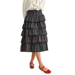 Hayson, Plaid Tiered Holiday Maxi Skirt - Navy, Blue and Red, Size M